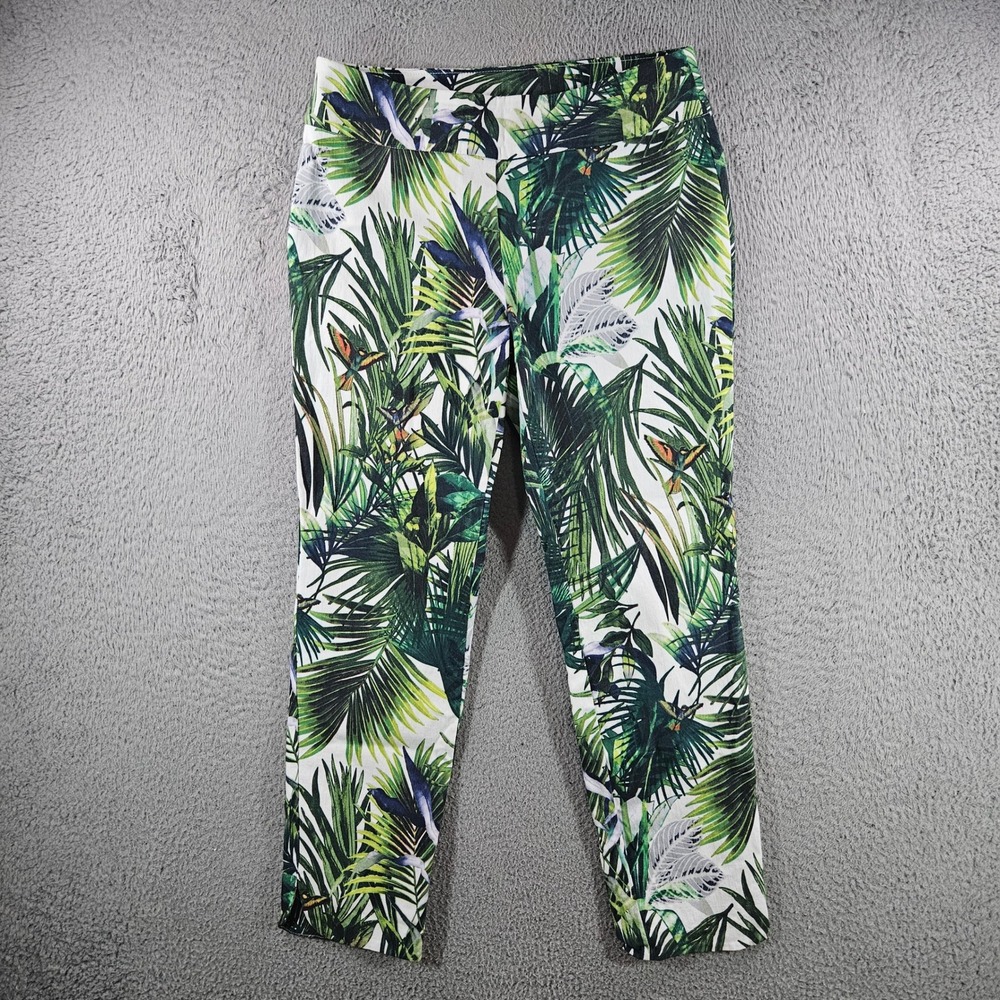 Soft Surroundings Tropical Palm Leaf Bird Print Pants Green White Womens Medium